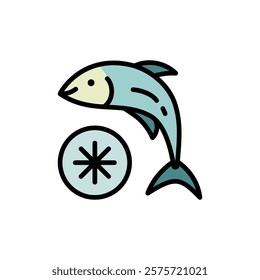 Frozen food color icon. Preserved fish. Cold salmon. Frosted organic seafood. Simple symbol. Vector isolated flat illustration.