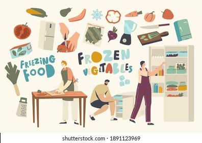 Frozen Food Concept. People Cut and Put Semifinished Products in Refrigerator. Male and Female Characters Cutting Vegetables or Natural Fresh Meals for Freezing in Fridge. Linear Vector Illustration