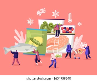 Conceito de alimentos congelados. Pequenos personagens masculinos e femininos comprando e cozinhando produtos naturais gelados vegetais frescos, frutas, carne e peixe. Alimentação saudável, conservação. Ilustração vetorial plana dos desenhos animados