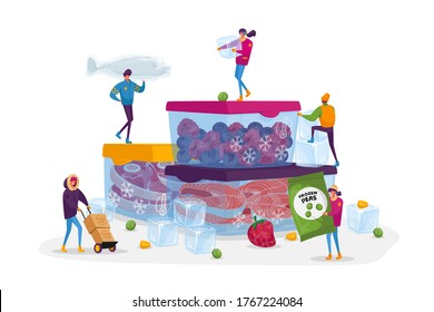 Frozen Food, Healthy Eating, Conservation Concept. Tiny Male And Female Characters Buying And Cooking Natural Iced Products Fresh Vegetables, Fruits Meat And Fish. Cartoon People Vector Illustration