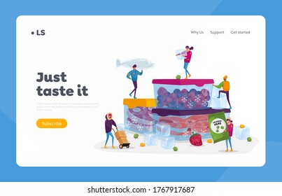 Frozen Food, Healthy Eating Landing Page Template. Tiny Male and Female Characters Buying and Cooking Natural Iced Products Fresh Vegetables, Fruits Meat and Fish. Cartoon People Vector Illustration