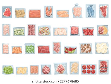 Frozen food icons set cartoon vector. Chicken bag. Vegetable product