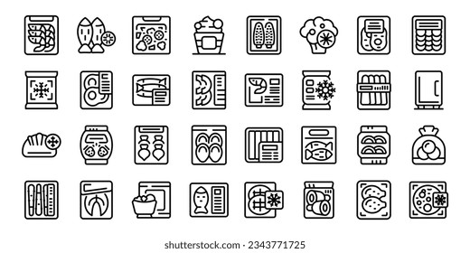 Frozen food icons set outline vector. Bag meat. Product plastic