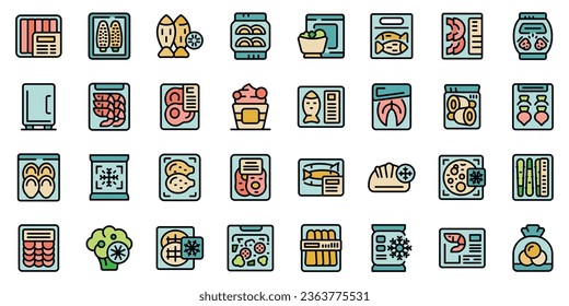 Frozen food icons set outline vector. Bag meat. Product plastic thin line color flat on white isolated