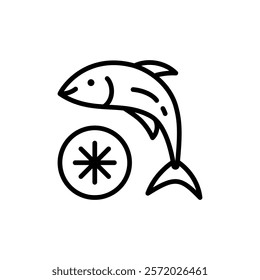 Frozen food line icon. Preserved fish. Cold salmon. Frosted organic seafood. Contour symbol. Vector isolated outline illustration.