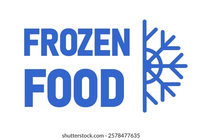 Frozen food logo in blue, featuring bold typography and a snowflake element on a white background. Represents cold storage, frozen goods, and refrigeration. Vector illustration