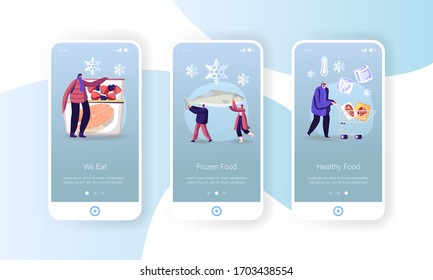 Frozen Food Mobile App Page Onboard Screen Template. Tiny People Characters Buying and Cooking Natural Iced Products Vegetables, Fruits Meat and Fish, Conservation Concept. Cartoon Vector Illustration