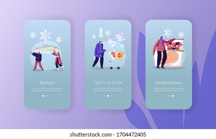 Frozen Food Mobile App Page Onboard Screen Template. Tiny People Characters at Refrigerator Containers with Different Frozen Fresh Berries, Vegetables and Fish Concept. Cartoon Vector Illustration