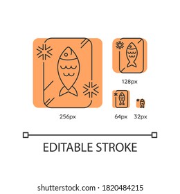 Frozen food orange linear icons set. Preserved fish. Frosted organic seafood. Cold salmon. Thin line customizable 256, 128, 64 and 32 px vector illustrations. Contour symbols. Editable stroke