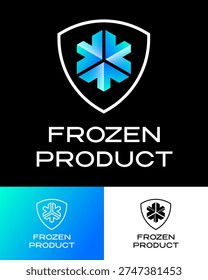 Frozen food packaging logo. Icy snowflake in shield. Emblem, simple icon, fast frozen food.