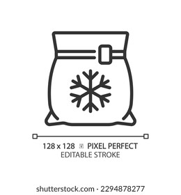 Frozen food pixel perfect linear icon. Prepackaged meal. Preservation method. Freezer aisle. Quick preparation. Thin line illustration. Contour symbol. Vector outline drawing. Editable stroke