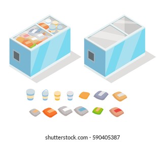 Frozen food in shop freezer isometric vector illustration. Chilled products on supermarket fridge 3d model isolated on white background. Full and empty groceries refrigerator isometry for games, apps 