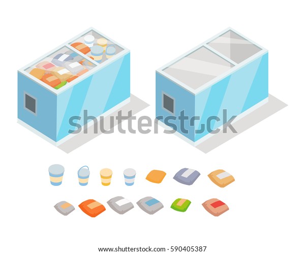 冷凍食品を製造店で使用したアイソメベクターイラスト 白い背景にスーパーフリッジ3dモデルの冷蔵製品 ゲーム アプリ用の食料雑貨庫冷凍庫の完全および空きジオメトリ のベクター画像素材 ロイヤリティフリー