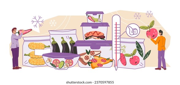 Frozen Food and storage meals concept of banner. Natural iced frozen and canned products for freshness and healthy eating, food preserving, flat vector illustration isolated on white.