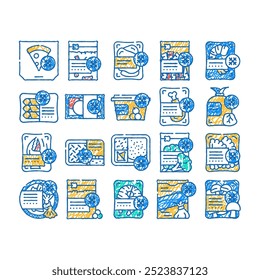 frozen food storage packaging doodle icons set vector. sketch line art broccoli and mushrooms vegetable frozen nutrition, crab and shrimp seafood, pizza and dumplings delicious contour illustrations