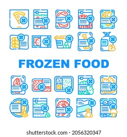 Frozen Food Storage Packaging Icons Set Vector. Broccoli And Mushrooms Vegetable Frozen Nutrition, Crab And Shrimp Seafood, Pizza and Dumplings Delicious Meal Line. Color Illustrations