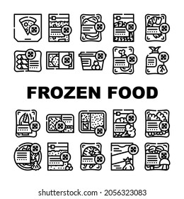 Frozen Food Storage Packaging Icons Set Vector. Broccoli And Mushrooms Vegetable Frozen Nutrition, Crab And Shrimp Seafood, Pizza And Dumplings Delicious Meal Contour Illustrations