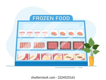 Frozen Food Store with Products Vacuumed using Foil and Pouch Packaging to be Fresh in Hand Drawn Cartoon Template Illustration