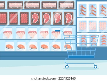 Frozen Food Store with Products Vacuumed using Foil and Pouch Packaging to be Fresh in Hand Drawn Cartoon Template Illustration