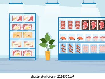 Frozen Food Store with Products Vacuumed using Foil and Pouch Packaging to be Fresh in Hand Drawn Cartoon Template Illustration