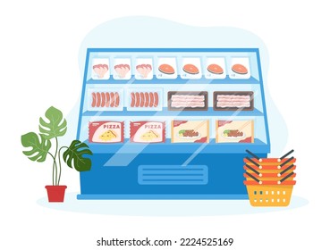 Frozen Food Store with Products Vacuumed using Foil and Pouch Packaging to be Fresh in Hand Drawn Cartoon Template Illustration