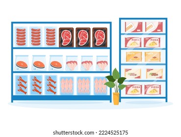 Frozen Food Store with Products Vacuumed using Foil and Pouch Packaging to be Fresh in Hand Drawn Cartoon Template Illustration