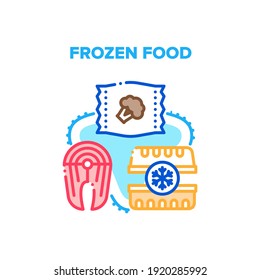 Concepto de icono del vector de alimentos congelado. Carne De Pescado Y Hortalizas De Broccoli En Bolsa, Contenedor Para Almacenar Y Llevar Comida Congelada. Ilustración De Color De Almacenamiento Largo De Mariscos Y Nutrición Saludable