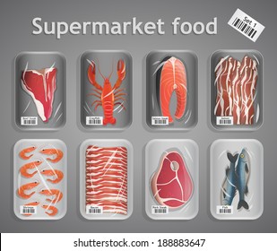 Frozen Fresh Fish And Meat Supermarket Food In Pack Decorative Elements Vector Illustration