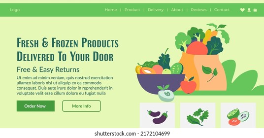 Frozen And Fresh Products Delivered To Your Door, Free And Easy Returns. Farm Market Meal And Ingredients, Vegetables And Fruits From Field, Snacks, And Tasty Nutrition. Vector In Flat Style