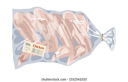 Frozen fresh wings in polyethylene disposable packing with food label. Grocery, farm market product, poultry in transparent bag. Vector cartoon illustration isolated on white background.