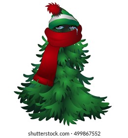 Frozen from the frost tree in scarf and cap isolated on white background. Sketch for greeting card, festive poster or party invitations.The attributes of Christmas and New year. Vector illustration.