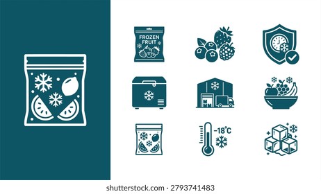 Frozen Fruit and Cold Storage Icon Set. Vector illustrations for food freezing, cold chain logistics, freezer storage, temperature control, and frozen packaging.