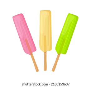 Helado de fruta congelado con un conjunto de bayas frutales de palo. Jugosa impresión de verano fresco icono y decoración niño vacaciones postre dulce menú de restaurante etiqueta de emoticono moderno de fabricación artesanal artesanal artesanal artesanal aislado