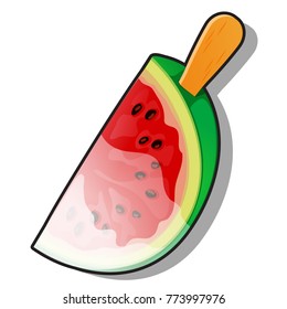 Frozen fruit watermelon juice on a stick or popsicle isolated on white background. Vector cartoon close-up illustration.