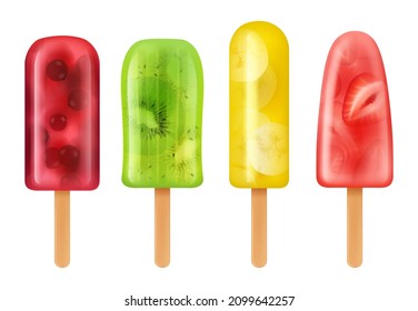 Frozen fruits. Delicious icecream sorbet on stick berries kiwi banana juices from ice decent vector realistic illustrations