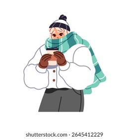 Frozen girl drinks takeaway coffee from paper cup in winter. Young woman in outerwear shivers from cold weather. Person in warm clothes freezes. Flat isolated vector illustration on white background