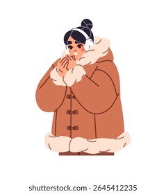 Frozen girl in outerwear warms up her hands. Young woman in winter clothes freezes. Sad person in coat with fur shivers from cold weather. Flat isolated vector illustration on white background