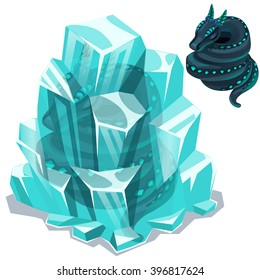 Frozen in the glacier dragon is sleeping isolated on a white background. Cartoon vector close-up illustration.