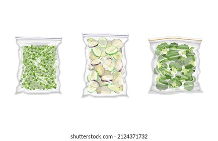Frozen Green Pea and Broccoli Prepackaged and Ready to Culinary Use Vector Set