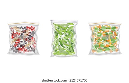 Frozen Green Pea Pod and Berry Prepackaged and Ready to Culinary Use Vector Set