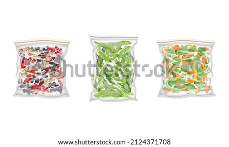 Frozen Green Pea Pod and Berry Prepackaged and Ready to Culinary Use Vector Set