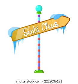 Señal de guía congelada en la nieve. Ciclos. Santa Claus. Ilustración de color vectorial aislada en fondo blanco.