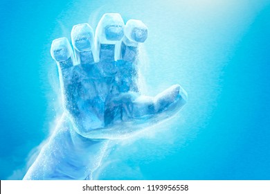 Frozen Hand In 3d Illustration On Blue Background, Ice Sculpture Effect