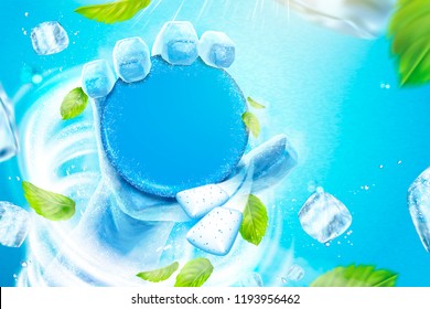 Frozen hand holding the blank product in the blizzard, flying ice cubes and mint leaves in 3d illustration