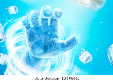 Frozen hand with whirlwind and flying ice cubes in 3d illustration on blue background