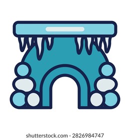 Frozen ice cave archway with icicles hanging from above and frosty stones on sides