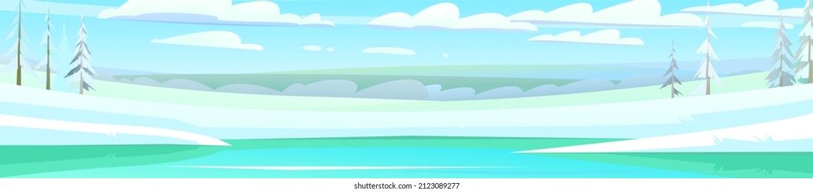 Frozen and ice covered pond. Winter rural landscape with cold white snow and drifts. Beautiful frosty view of countryside hilly plain. Horizontal illustration. Flat design cartoon style. Vector.