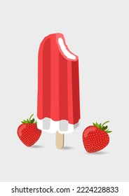 Frozen ice cream icon vector illustration with strawberries. Red and white color. Dessert.
