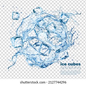 Frozen ice cubes crystals in round water splashes. Realistic vector freeze blocks of melting ice and droplets. 3d water wave splashes of drink with ice pieces isolated on transparent background