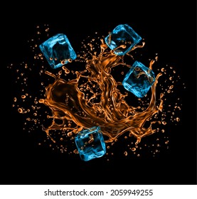 Frozen ice cubes in whiskey splashes, realistic pour flow on vector background. Blue ice cubes splashing to whiskey or bourbon, cognac or rum with sparkling drops and ripples, alcohol drink splash